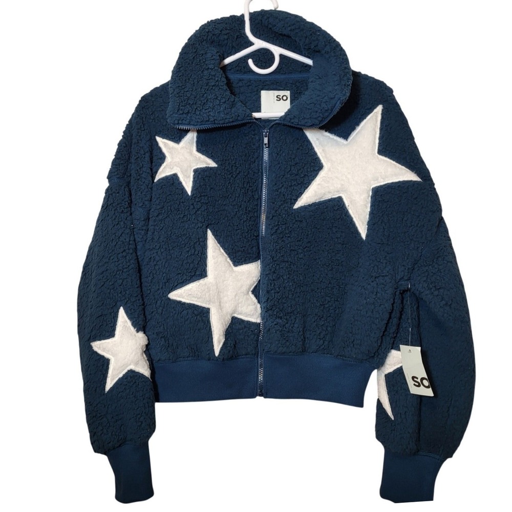 SO The Cozy Jacket Blue White Star Faux Fur Borg Full Zip Cropped JG43A103RP1 S